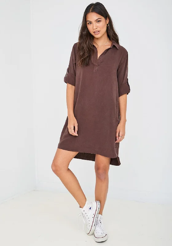 Bella Dahl A-Line Rolled Tab Sleeve Dress - Coffee Bean