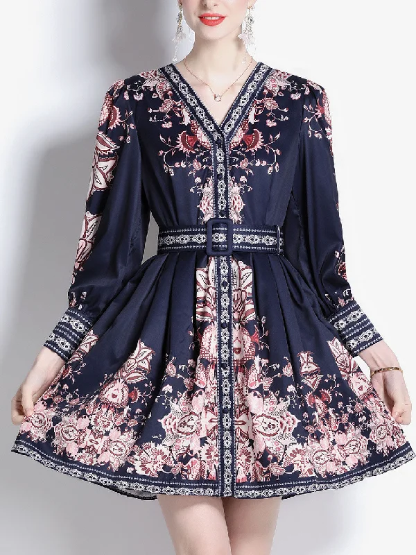 Navy And Pink Floral Print Long Sleeve With Belt Bohemian Dress