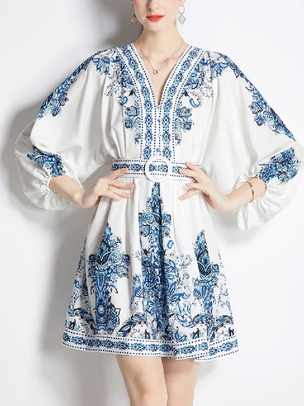 Blue Floral Print Long Sleeve With Belt Bohemian Dress For Women