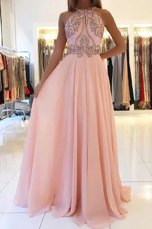 Blush Pink Chiffon Prom Dresses with Beading Rhinstone Flowy Backless Graduation Dresses N1745