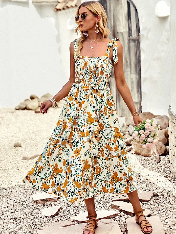 Bowknot Spaghetti Strap Floral Print Bohemia Holiday Dress For Women