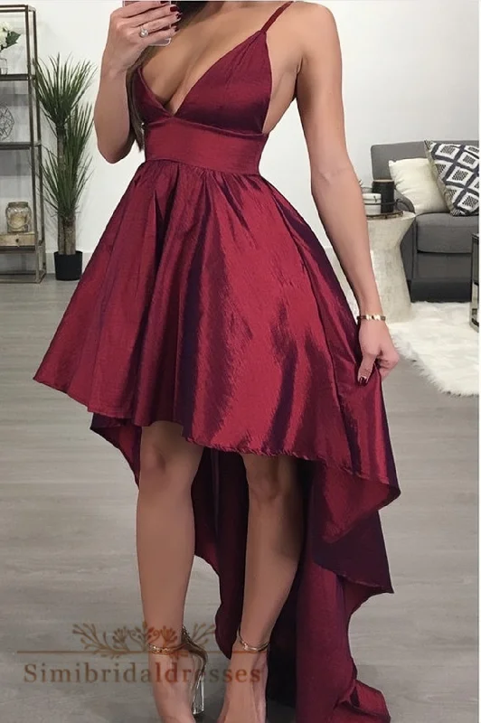 Burgundy High Low Spaghetti Strap V Neck Sleeveless Prom Dresses N1377