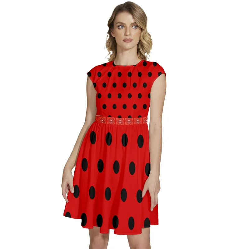 Cap Sleeve High Waist Dots Red Dress