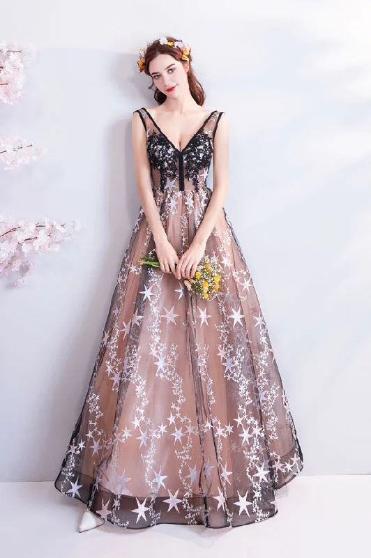 Charming Floor Length Sleeveless Prom Dresses with Stars A Line Appliques Evening Dresses N2314