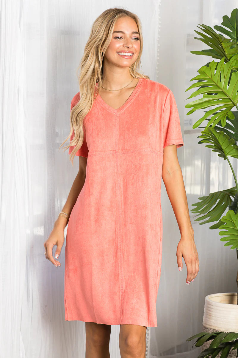 JOH Audrey Suede V-Neck Dress No Pockets Coral