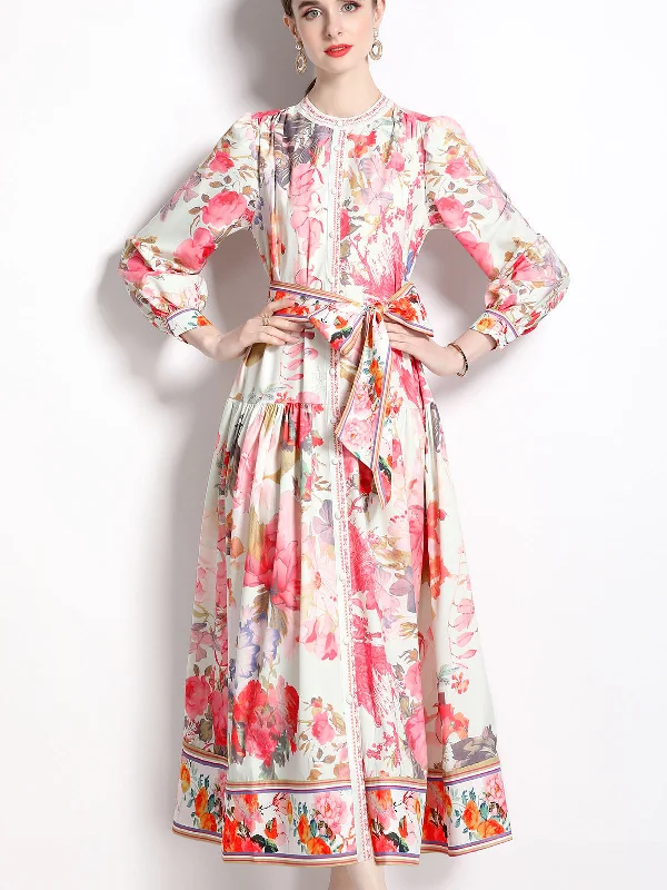 Crewneck Floral Printed Long Sleeves High Wasited Boho Dress with Belt