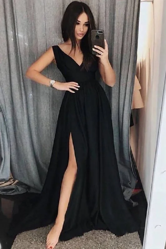 A Line V-Neck Black Prom Dresses with Side Slit