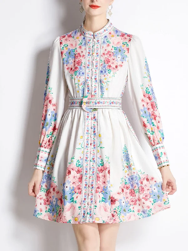 Daisy Romantic Floral Print Long Sleeve With Belt Holiday Dress