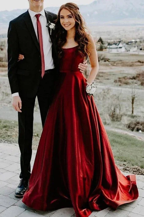 A Line Satin Prom Dresses with Pockets