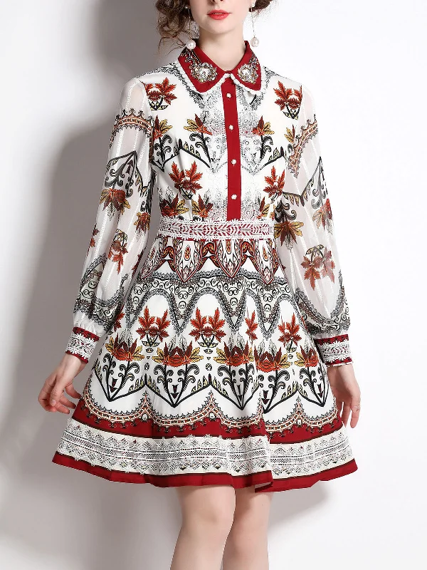 Embroidered Shirt Collar Floral Printed Long Sleeves Lace Boho Dress