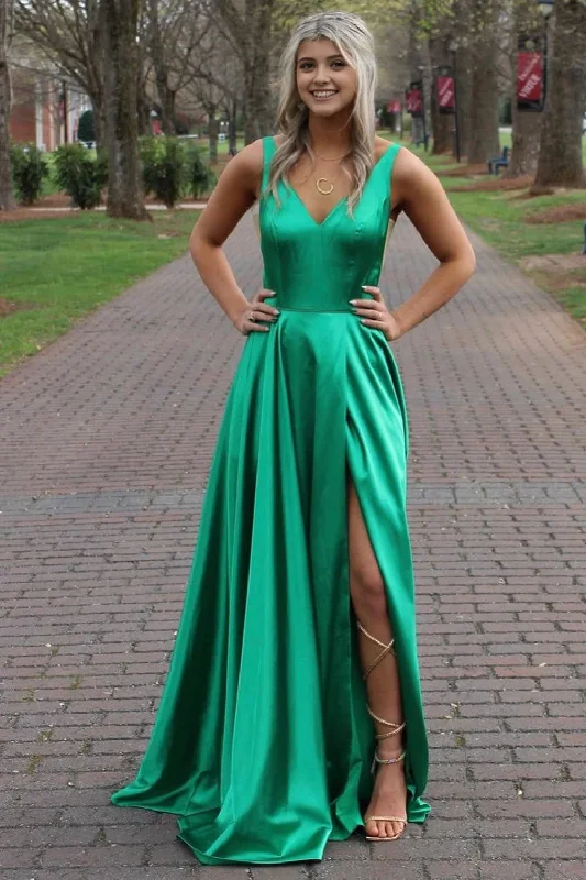 Green A-Line Satin V-Neck Prom Dress with Slit