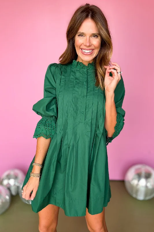 Green Eyelet Frill Neck Cuff Detail 3/4 Sleeve Pleated Dress