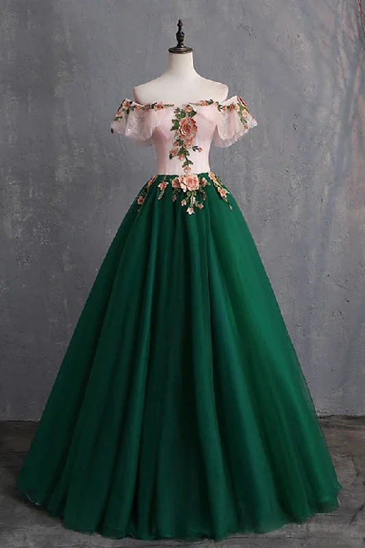 Green Puffy Off the Shoulder Floor Length Appliqued Prom Dresses