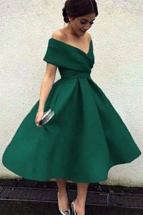 Green Off the Shoulder Tea Length Satin Cute Homecoming Dresses