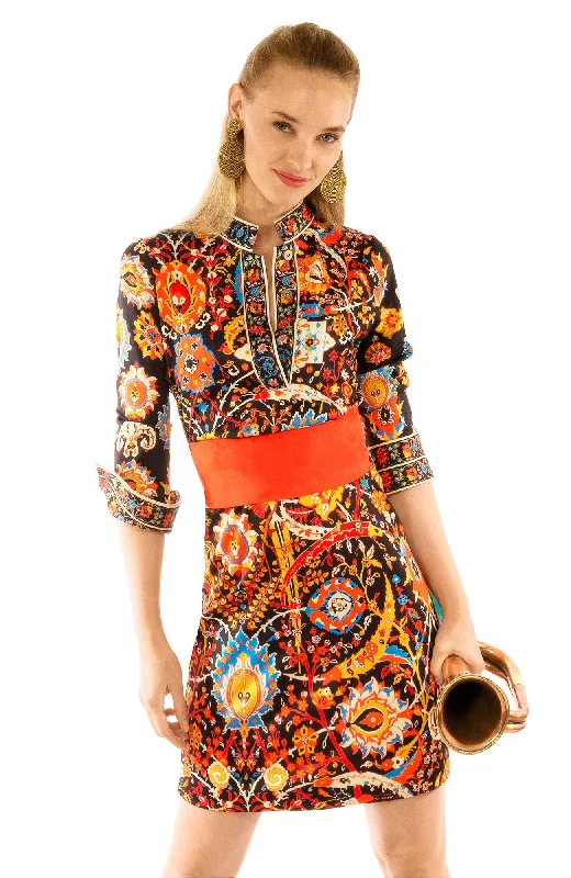 Gretchen Scott Jersey Mandarin Dress - Magic Carpet Black Multi