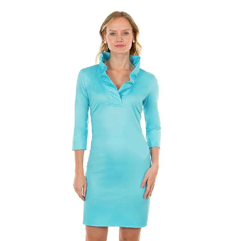 Gretchen Scott Ruffneck Jersey Dress Solid Turquoise