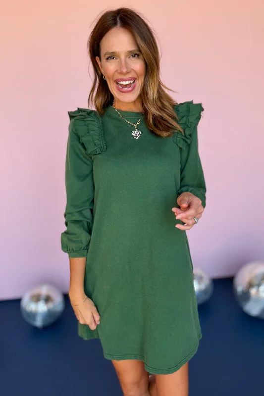 Hunter Green Layer Ruffle Shoulder Band Cuff Dress