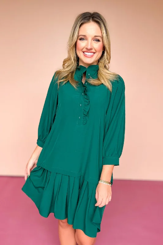 Hunter Green Ruffle Neck Drop Waist Dress