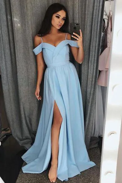 Light Blue Off the Shoulder Prom Dresses with Side Slit N1617