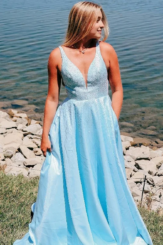 Light Blue V-neck A-Line Prom Dress with Pockets