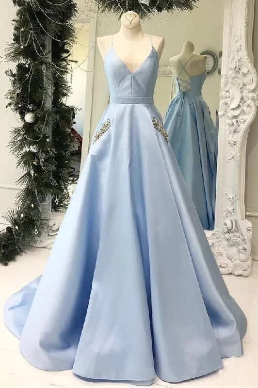 Light Blue V-Neck Floor Length Satin Prom Dresses with Pockets