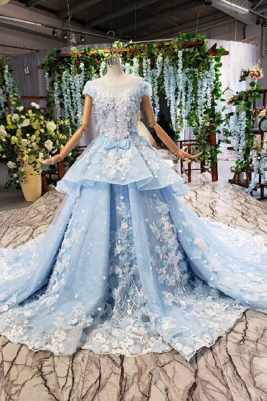 Light Sky Blue Gorgeous Prom Dresses with Flowers Ball Gown Quinceanera Dresses with Beads N2197