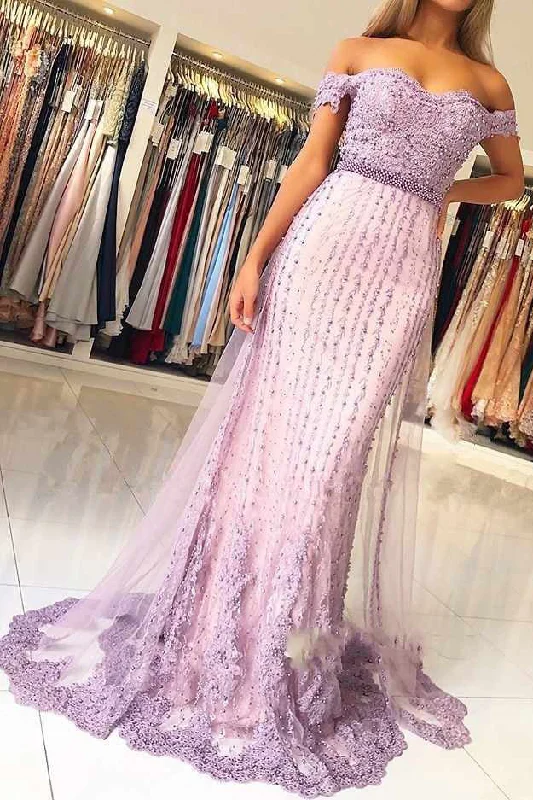 Lilac Off the Shoulder Beaded Mermaid Prom Dresses with Appliques