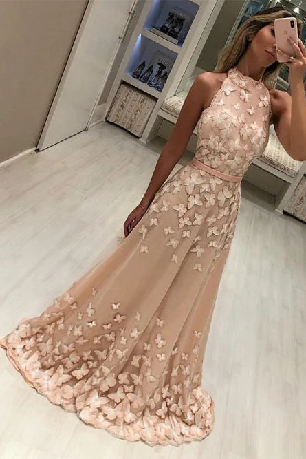 Modest High Neck Sleeveless Sweep Train Prom Evening Dresses with Appliques N1686