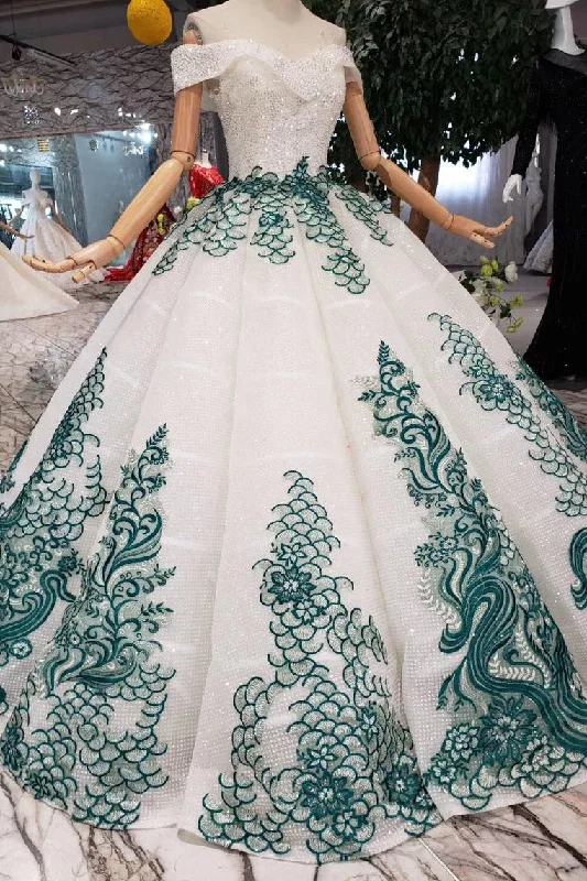 New Arrival Ball Gown Off the Shoulder Prom Dresses with Green Appliques Quinceanera Dresses N1649