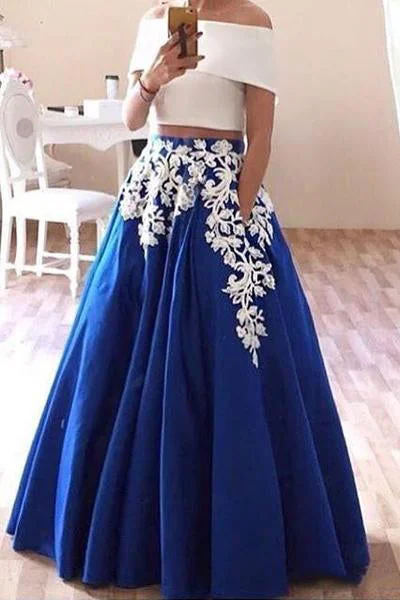 New Off the Shoulder Two Piece Prom Dresses Floor Length Blue Formal Dresses N1563