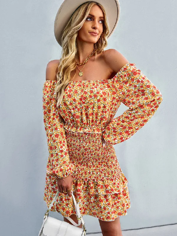 Off The Shoulder Floral Print Long Sleeve Bohemia Holiday Dress For Women