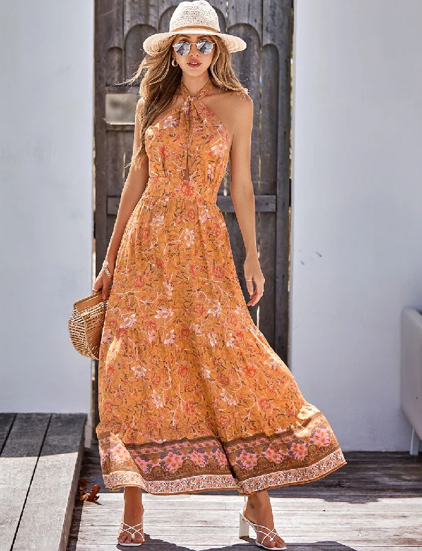 Orange Halter Floral Print Sleeveless Bohemia Holiday Dress For Women