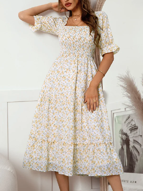 Yellow Floral Print Off The Shoulder Puff Sleeve  Bohemia Holiday Dress For Women