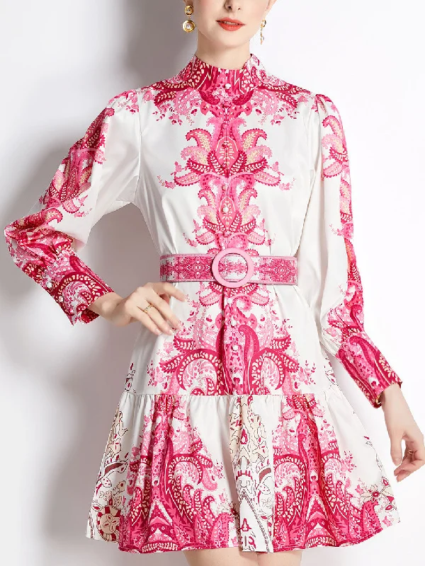 Pink Romantic Flower Print Long Sleeve With Belt Holiday Dress For Women