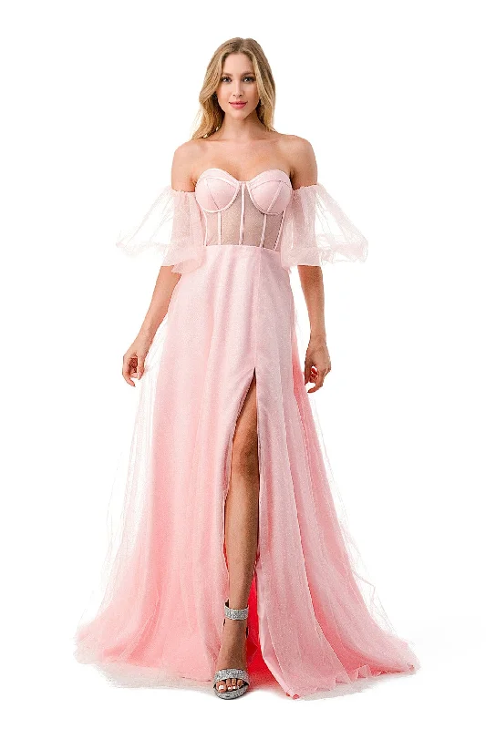 Puff Sleeve Sheer Corset Bustier Gown by Coya L2793B