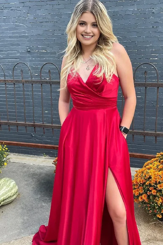 Red A-Line Satin Spaghetti Straps Prom Dress with Slit