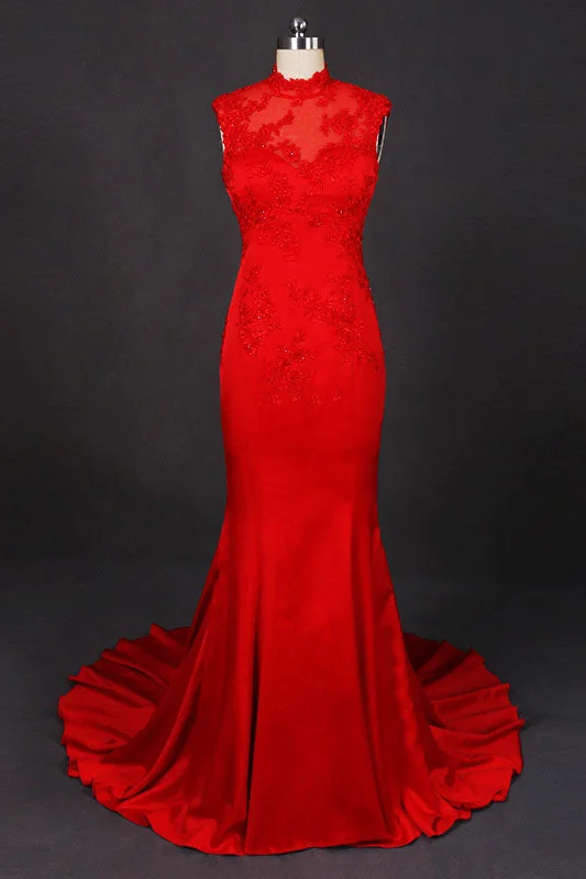 Red Sleeveless High Neck Sleeveless Satin Evening Dresses Appliques Prom Dresses N2332