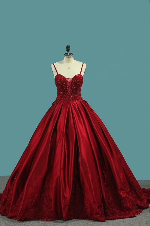 Red Spaghetti Strap Satin Puffy Prom Dresses with Crystals Beading Gorgeous Formal Dresses N1558