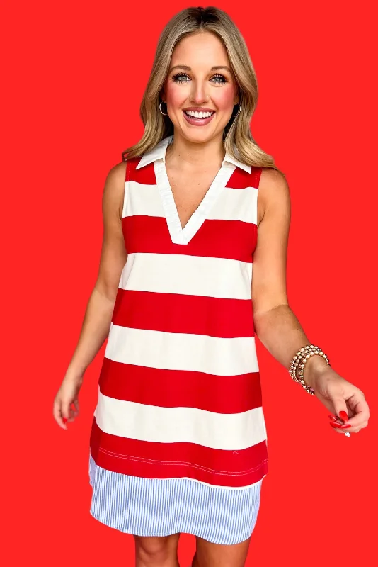 Red Striped V Neck Sleeveless Twofer Dress