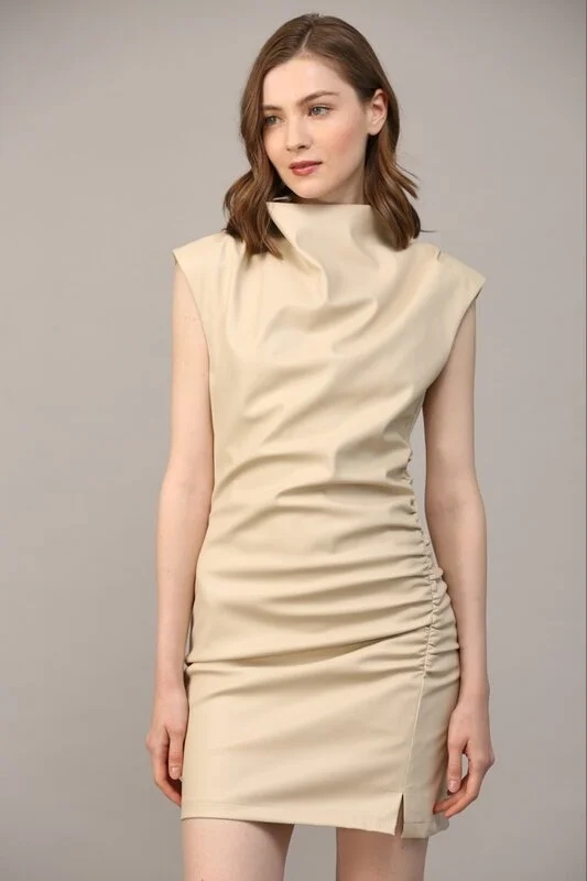 Ruched Detail Cowl Neck Faux Leather Dress