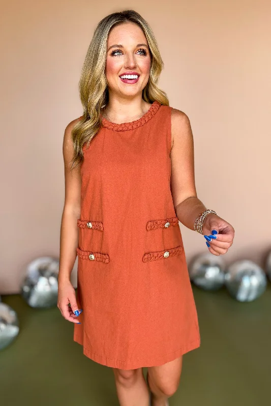 Rust Braid Detail Round Neck Sleeveless Dress *FINAL SALE*