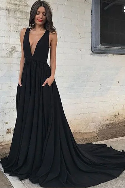 Sexy Deep V Neck Black Evening Dresses Simple Ruched Prom Dresses with Train N1424