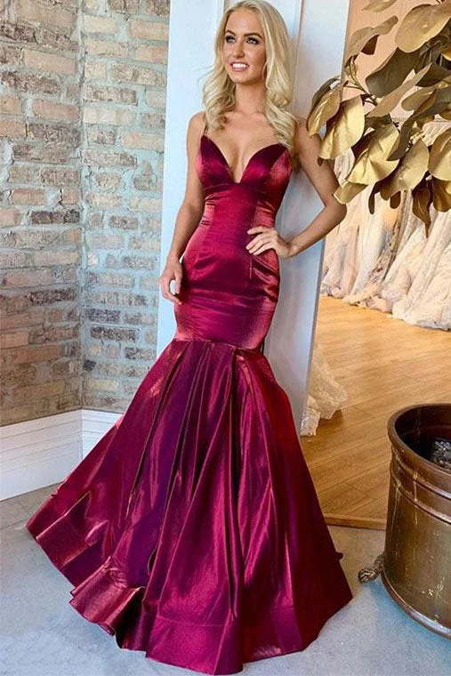 Sexy Mermaid Spaghetti Straps Satin Ruffles Prom Dresses