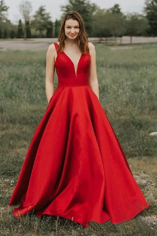 A Line V-Neck Satin Red Fluffy Prom Dresses with Pockets