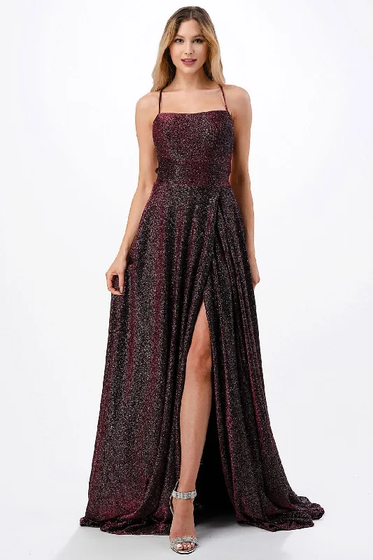 Sleeveless Metallic Glitter A-line Slit Gown by Coya D533