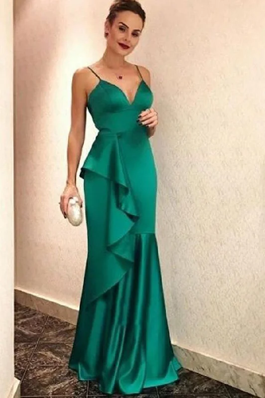 Spaghetti Strap Hunter Prom Dresses with Ruffles Elegant V Neck Evening Dresses N1446