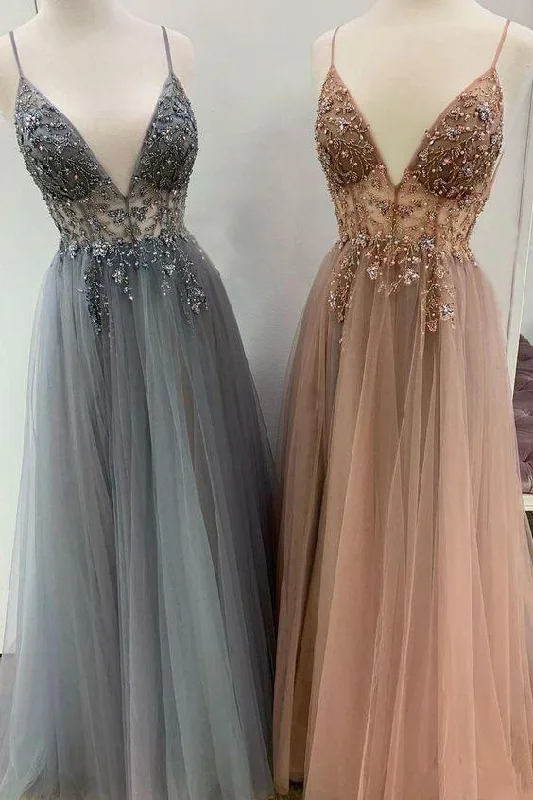 Spaghetti Straps Floor Length Beading Prom Dresses with Rhinestone N2590