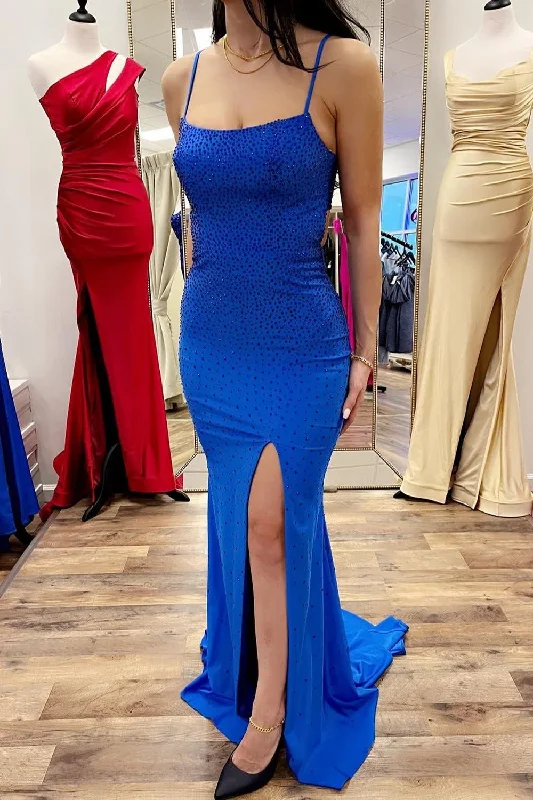 Spaghetti Straps Royal Blue Mermaid Prom Dress with Slit