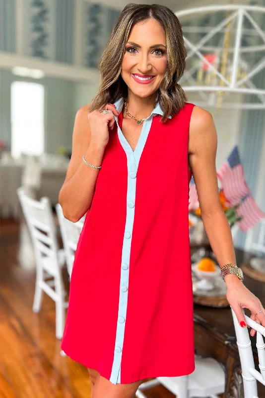 SSYS The Penelope Colorblock Collared Sleeveless Dress In Red