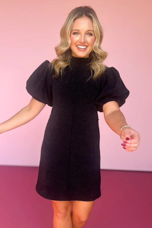 THML Black Puff Sleeve Mock Neck Corduroy Dress